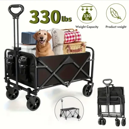 Carriage Foldable Folding Car: Can Load 330 Pounds Portable Utility Wagon With All Terrain Wheels Utility Heavy Duty Truck Outdoor Wide Camping Beach, Beach Fishing, Camping, Shopping, Black