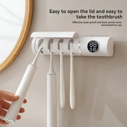 UV Toothbrush Sanitizer and Holder - 4 Toothbrush Slots and Timer Function - Cordless Wall-mounted Toothbrush Sanitizer and Cleaner for Bathroom