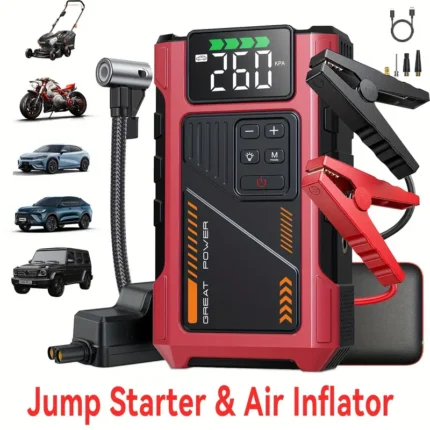 A Car Starter With An Air Compressor, Emergency Starting Power, Car Battery Charging Auxiliary Starter, Battery Jump Starter, Portable Car Battery Jump Box, Car Jump Starter Suitable For 12V (7.5L Gasoline 6.0L Diesel) 150PSI Tire Inflator Combination, Lithium Battery Jump Pack With Air Pump, With LED Emergency Lighting, Large Capacity Power Bank